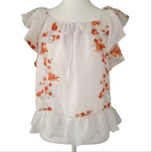 Studio Petite Embroidered Floral Ruffle Sleeve Lightweight Blouse Size Large P‎
